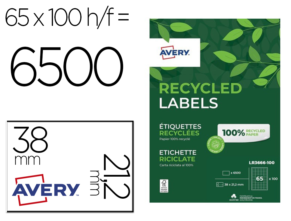 ETIQUETTES AVERY RECYCLEES MULTIUSAGES 38X21,2 MM        COLORIS BLANCHES 6500 UNITES