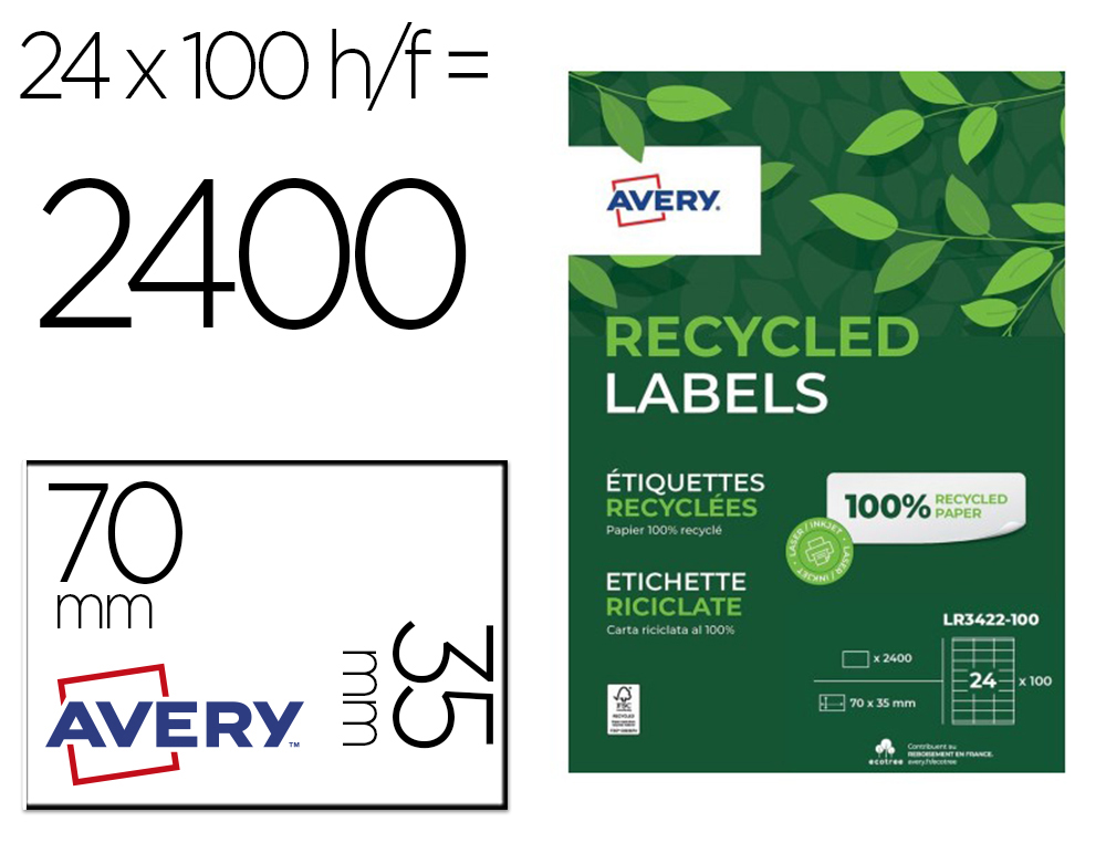 ETIQUETTES AVERY RECYCLEES MULTIUSAGES 70X35 MM COLORIS  BLANCHES 2400 UNITES