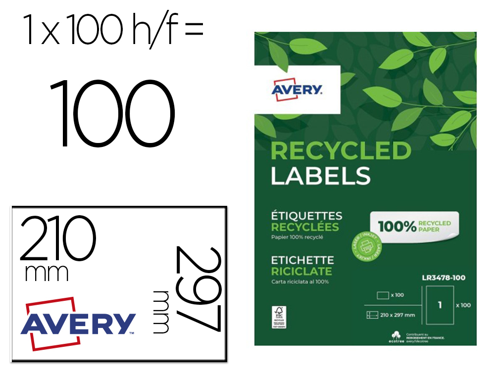 ETIQUETTES AVERY RECYCLEES MULTIUSAGES 210X297 MM        COLORIS BLANCHES 100 UNITES
