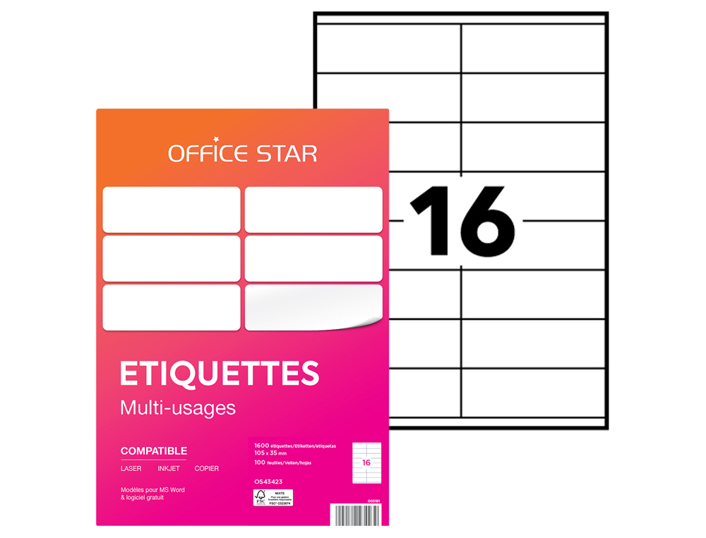 ETIQUETTE OFFICE STAR IMPRESSION LASER JET ENCRE ET COPIEUR 105X35MM COLORIS      BLANC POCHETTE 1600 UNITES