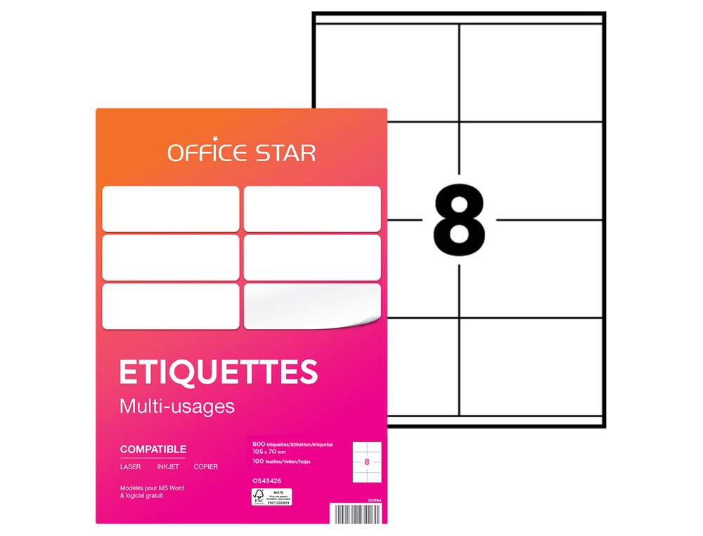 ETIQUETTE OFFICE STAR IMPRESSION LASER JET ENCRE ET COPIEUR 105X70MM COLORIS      BLANC POCHETTE 800 UNITES