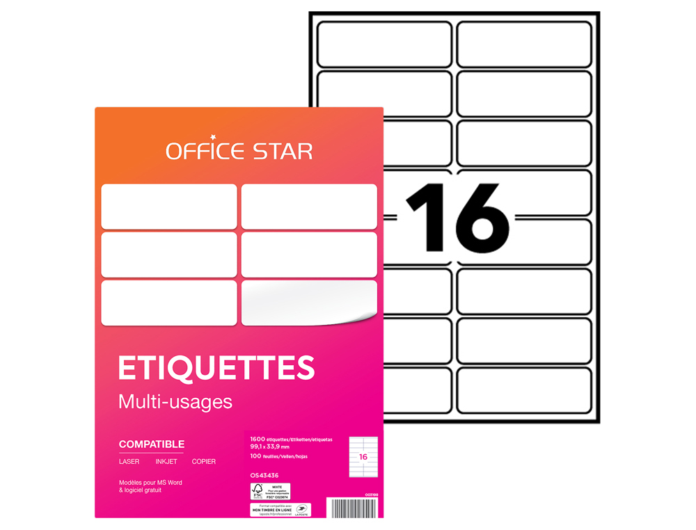 ETIQUETTE OFFICE STAR IMPRESSION LASER JET ENCRE ET COPIEUR 99,1X33,9MM COLORIS   BLANC POCHETTE 1600 UNITES