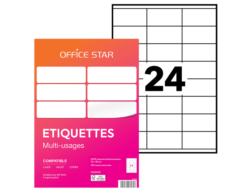 ETIQUETTE OFFICE STAR IMPRESSION LASER JET ENCRE ET COPIEUR 70X36MM COLORIS BLANC POCHETTE 2400 UNITES