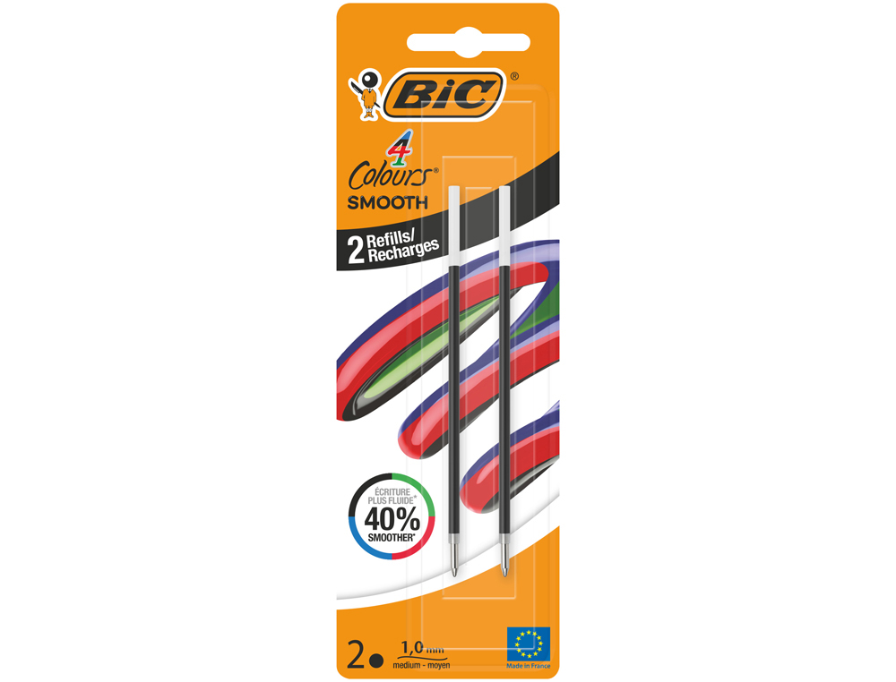 RECHARGE BIC STYLO-BILLE 4 COULEURS SMOOTH POINTE        MOYENNE 1MM ENCRE NOIRE       BLISTER 2 UNITES