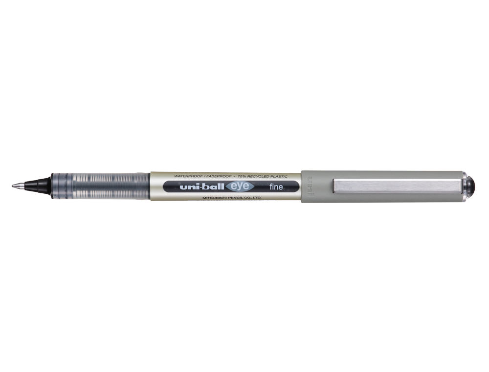 ROLLER UNIBALL EYE PLASTIQUE RECYCLE ENCRE LIQUIDE         ECRITURE MOYENNE POINTE METAL COLORIS NOIR