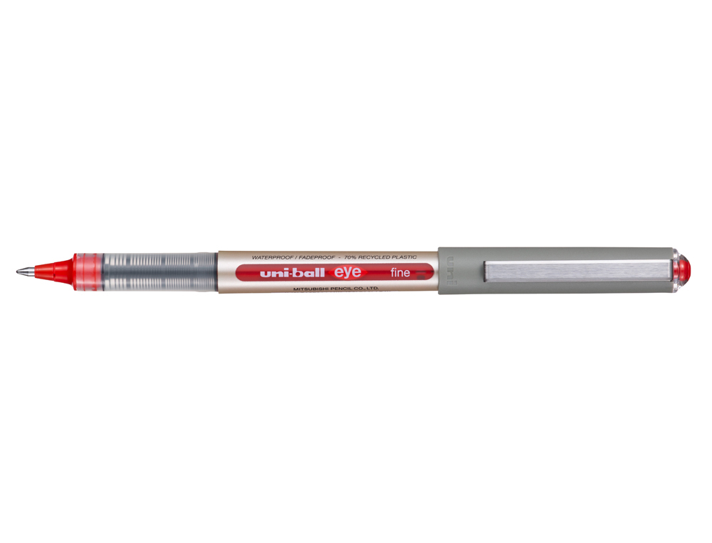 ROLLER UNIBALL EYE PLASTIQUE RECYCLE ENCRE LIQUIDE         ECRITURE MOYENNE POINTE METAL COLORIS ROUGE