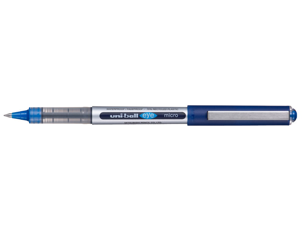 ROLLER UNIBALL EYE PLASTIQUE RECYCLE ENCRE LIQUIDE         ECRITURE FINE POINTE METAL    COLORIS BLEU