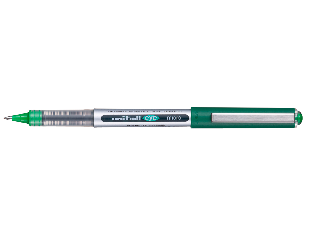 ROLLER UNIBALL EYE PLASTIQUE RECYCLE ENCRE LIQUIDE         ECRITURE FINE POINTE METAL    COLORIS VERT