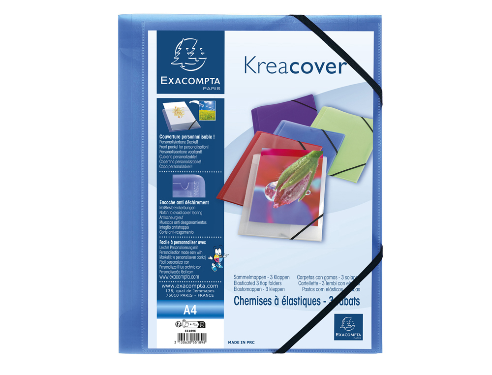 CHEMISE 3 RABATS EXACOMPTA KREA COVER A4 COUVERTURE      PERSONNALISABLE PP            TRANSPARENT COLORIS ASSORTIS