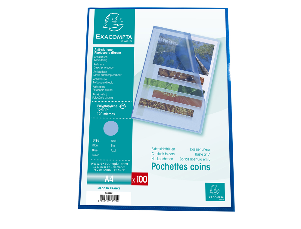 POCHETTE COIN EXACOMPTA A4 PP GRAINE 12/100EME 120 MICRONS  COLORIS BLEU PAQUET 100       UNITES