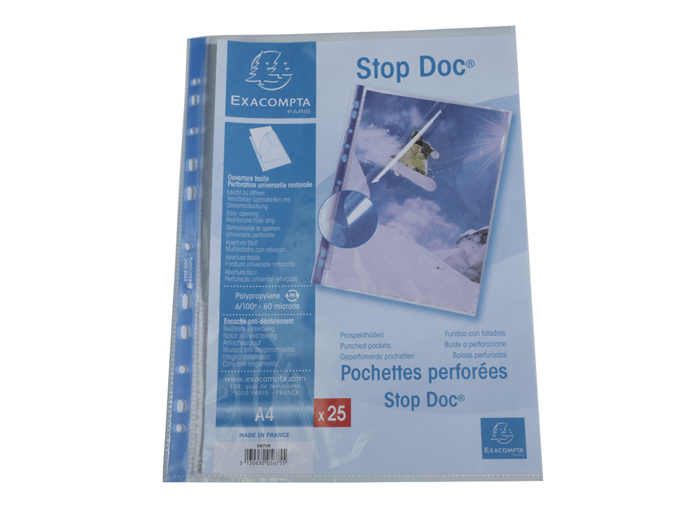 POCHETTE PERFOREE EXACOMPTA STOP DOC A4 PP LISSE 6/100EME 60 MICRONS PAQUET 25 UNITES