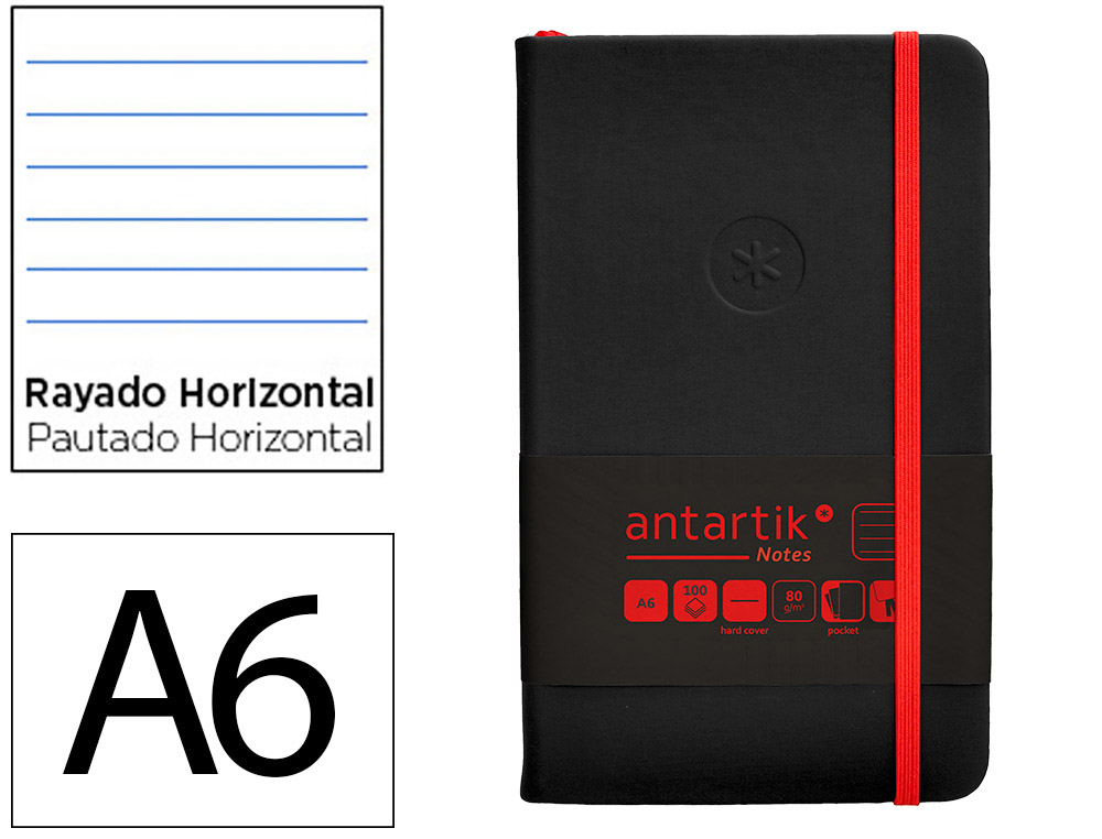 CARNET A6 ANTARTIK NOTES LIGNECOUVERTURE RIGIDE FERMETURE   ELASTIQUE ROUGE 100 PAGES 80GRCOLORIS NOIR