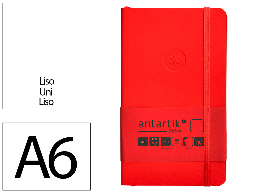 CARNET A6 ANTARTIK NOTES PAPIER UNI IVOIRE COUVERTURE  SOUPLE FERMETURE ELASTIQUE 100PAGES 80GR COLORIS ROUGE