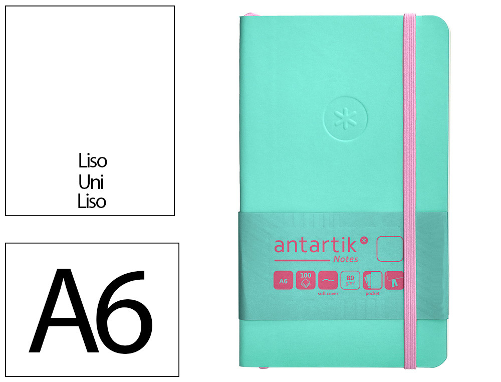 CARNET A6 ANTARTIK NOTES PAPIER UNI IVOIRE COUVERTURE SOUPLE FERMETURE ELASTIQUE ROSE 200 PAGES 80GR COLORIS TURQUOISE