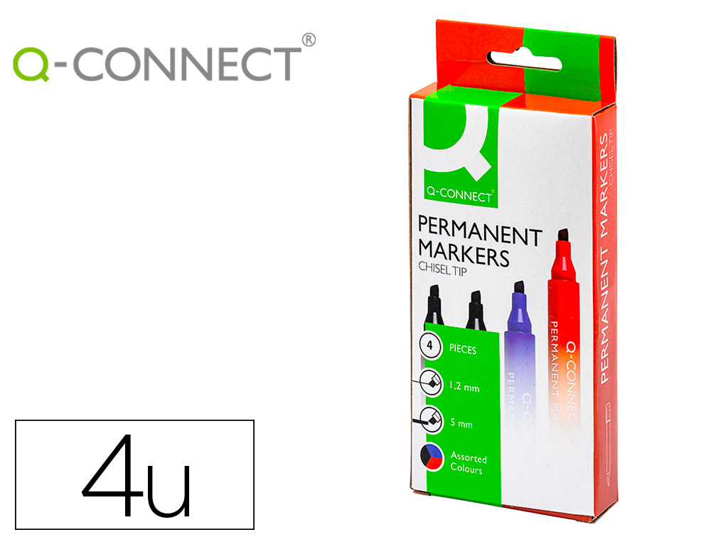MARQUEUR Q-CONNECT PERMANENT POINTE BISEAUTE TRAC 5MM RSISTANTE CORPS PLASTIQUE POCHETTE 4 UNITS