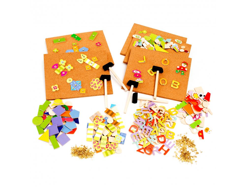 ATELIER DU MARTEAU LAP FICHES LOGIQUE 212 PIECES EN BOIS A  PIQUER 4 PLAQUES LIEGE 4      MARTEAUX 65 CLOUS SET DE 4