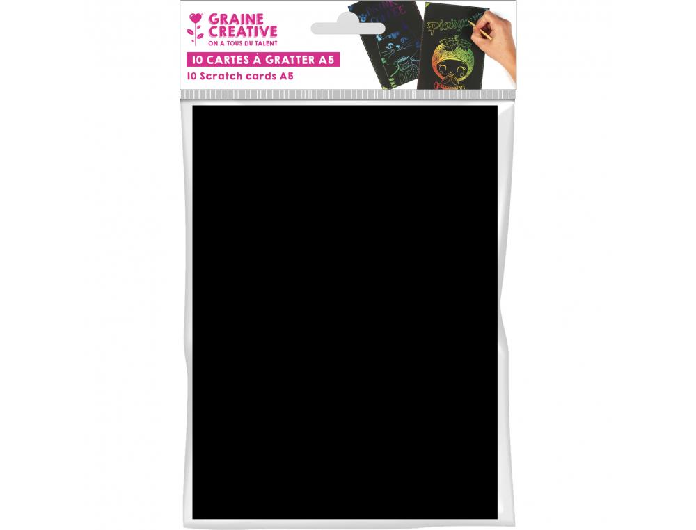 POCHETTE CARTES A GRATTER NOIR SANS BATONNET GRAINE     CREATIVE 15X21 CM 10 UNITES   NOIR SUR FOND ARC EN CIEL