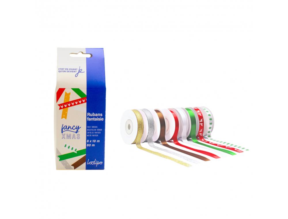 LOT RUBANS SATIN LOOLIPO 10MMX10M 8 UNITES COLORIS     NOEL METALLIQUES ASSORTIS