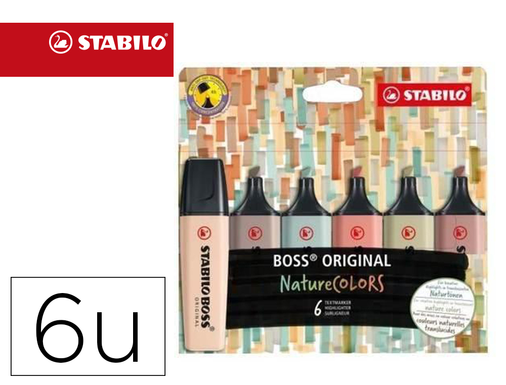 SURLIGNEUR STABILO BOSS ORIGINAL TRACE 2/5MM POINTE BISEAUTEE ENCRE BASE EAU COLORIS NATURE ASSORTIS POCHETTE 6 UNITES