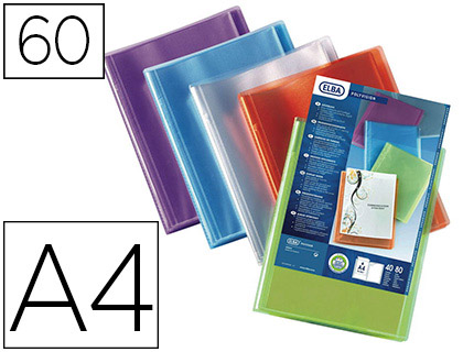 PROTGE-DOCUMENTS ELBA POLYVISION POLYPROPYLNE COUVERTURE SOUPLE 60 POCHETTES 120 VUES A4 COLORIS ASSORTIS TRANSLUCIDE