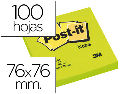 BLOC-NOTES POST-IT COULEURS NON 76X76MM 100F REPOSITIONNABLES COLORIS VERT FLUO