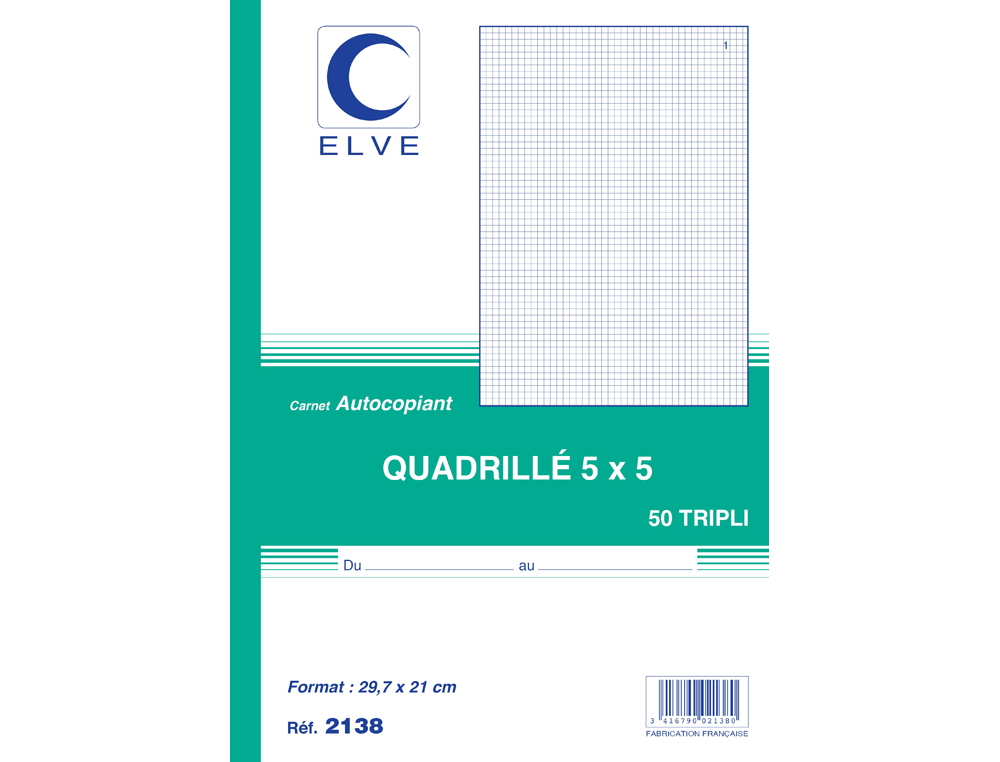 MANIFOLD AUTOCOPIANT ELVE A4 210X297MM QUADRILL 5X5 FOLIOTAGE 50 TRIPLIS