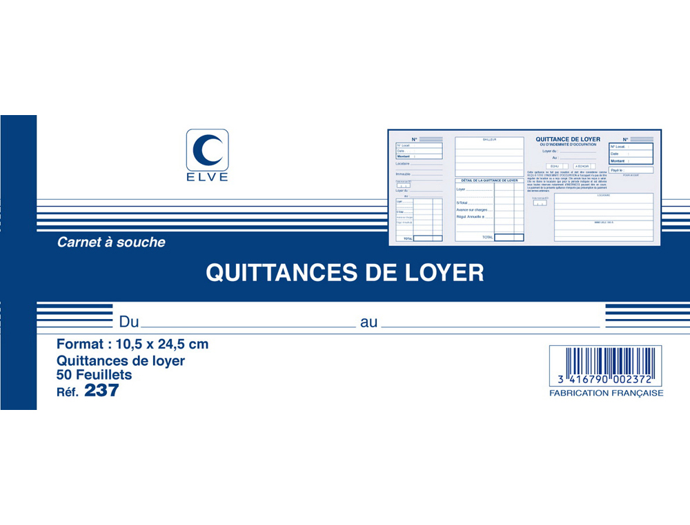 CARNET  SOUCHE ELVE QUITTANCES LOYER 10,5X24,5CM 50 FEUILLETS 70G PAPIER CHQUE AMAGNTIQUE