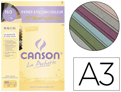 PAPIER DESSIN CANSON MI-TEINTES 160G A3 COLORIS PASTEL POCHETTE 8F