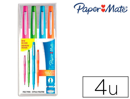 STYLO-FEUTRE PAPER MATE FLAIR ORIGINAL POINTE MOYENNE 1MM LONGUE DURE DE VIE POCHETTE 4 COLORIS FUN