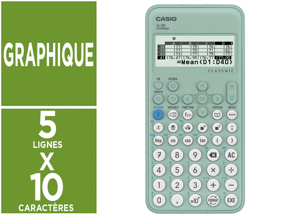 BASSETTI DIRECT  CALCULATRICE CASIO SCIENTIFIQUE FX 92 COLLÈGE 2D+ ÉCRAN  GÉANT 5 LIGNES STATISTIQUES TABLEAU VALEURS 166X77X14MM 100G