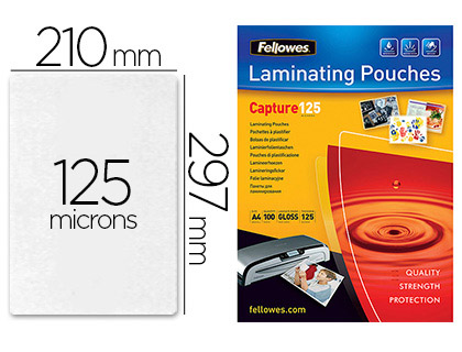 B2ZEN  POCHETTE PLASTIFICATION FELLOWES À CHAUD POLYESTER TRANSPARENT  RÉSISTANT EAU FORMAT A4 125 MICRONS BOÎTE 100 UNITÉS