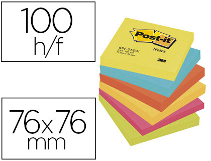 BLOC-NOTES POST-IT COULEURS NERGIQUES 76X76MM 100F REPOSITIONNABLES 5 COLORIS ASSORTIS 6 BLOCS