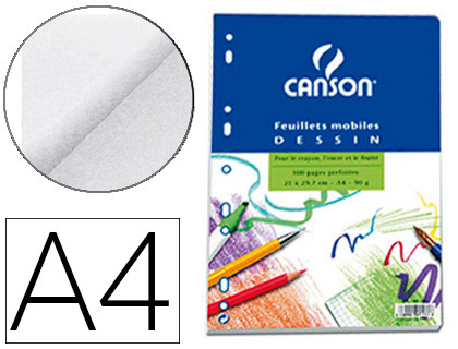 FEUILLET MOBILE DESSIN CANSON A4 210X297MM PAPIER BLANC GRAIN LÉGER 100  PAGES PERFORÉES 90G COLORIS BLANC