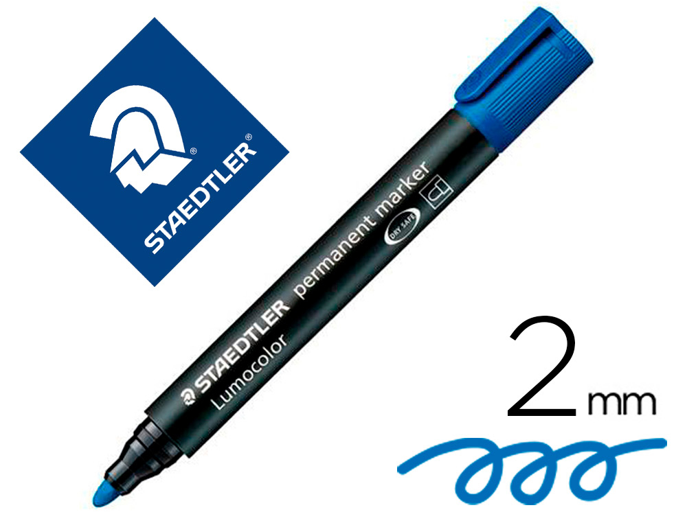 MARQUEUR STAEDTLER PERMANENT DRY SAFE LUMOCOLOR POINTE OGIVE RECHARGEABLE RSISTANT EAU CORPS NOIR ENCRE BLEUE