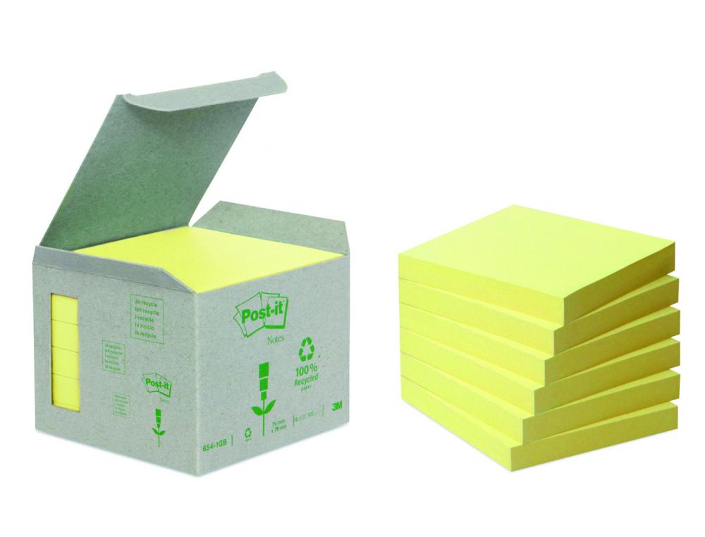 BLOC-NOTES POST-IT PAPIER RECYCL 76X76MM 100F/BLOC REPOSITIONABLES COLORIS JAUNE TOUR 6 BLOCS