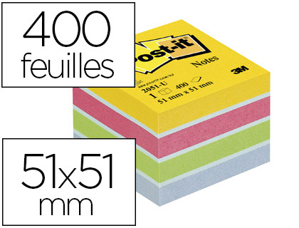 BLOC-NOTES POST-IT MINIS 51X51MM 400F REPOSITIONNABLES COLORIS NERGIE