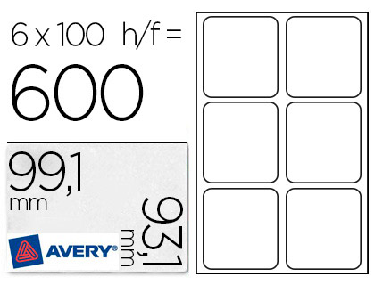TIQUETTE ADHSIVE AVERY LASER COLOGIQUE ENVELOPPES GRAND FORMAT 99.1X 93.1MM BOTE 600 UNITS