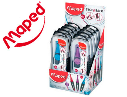 COMPAS MAPED STOP&SAFE COMPAS MINE TAILLE-MINES TYPE CISEAUX COLORIS  ASSORTIS COFFRET PRÉSENTOIR 10 UNITÉS