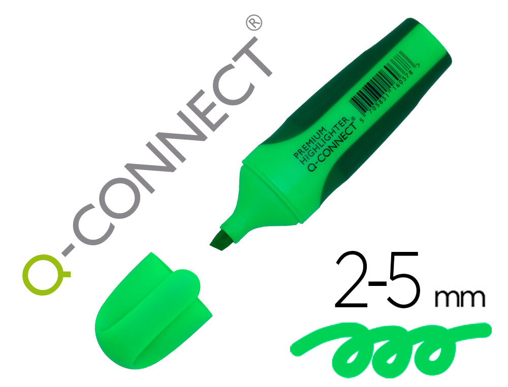 SURLIGNEUR Q-CONNECT PREMIUM POINTE BISEAUTE ENCRE BASE EAU CORPS COULEUR ENCRE GRIP CAOUTCHOUC CAPUCHON CLIP VERT