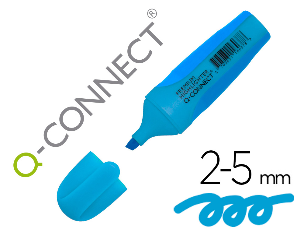SURLIGNEUR Q-CONNECT PREMIUM POINTE BISEAUTE ENCRE BASE EAU CORPS COULEUR ENCRE GRIP CAOUTCHOUC CAPUCHON CLIP BLEU