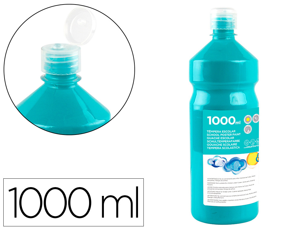 GOUACHE SCOLAIRE LIDERPAPEL LIQUIDE LAVABLE FERMETURE SCURIT BRILLANTE COLORIS TURQUOISE FLACON 1000ML