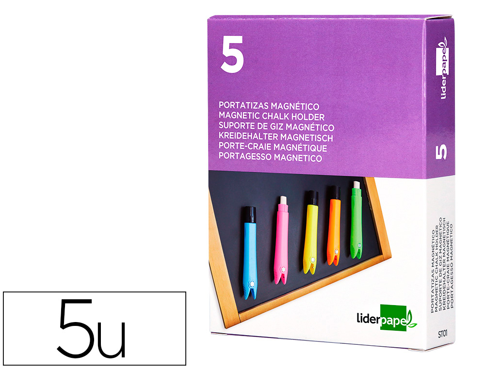 PORTE-CRAIE LIDERPAPEL EN PLASTIQUE MAGNETIQUE PACK DE 5 COLORIS ASSORTIS