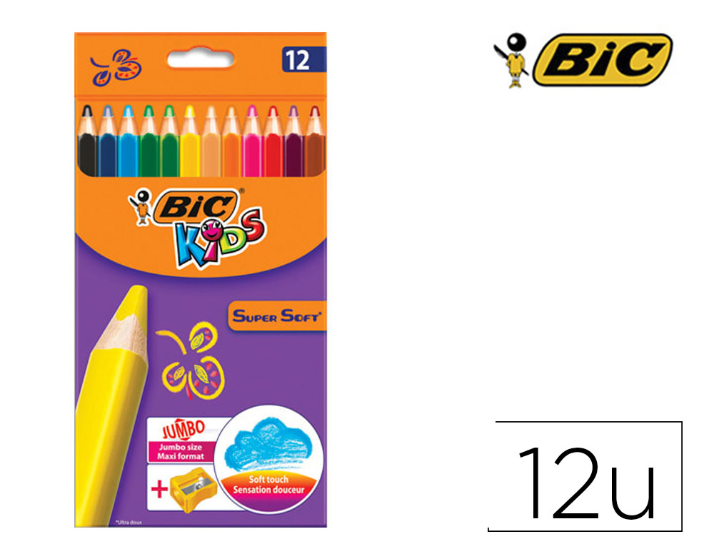 SECAM  CRAYON COULEUR BIC KIDS SUPER SOFT ETUI CARTON 12 UNITES + 1  TAILLE-CRAYONS