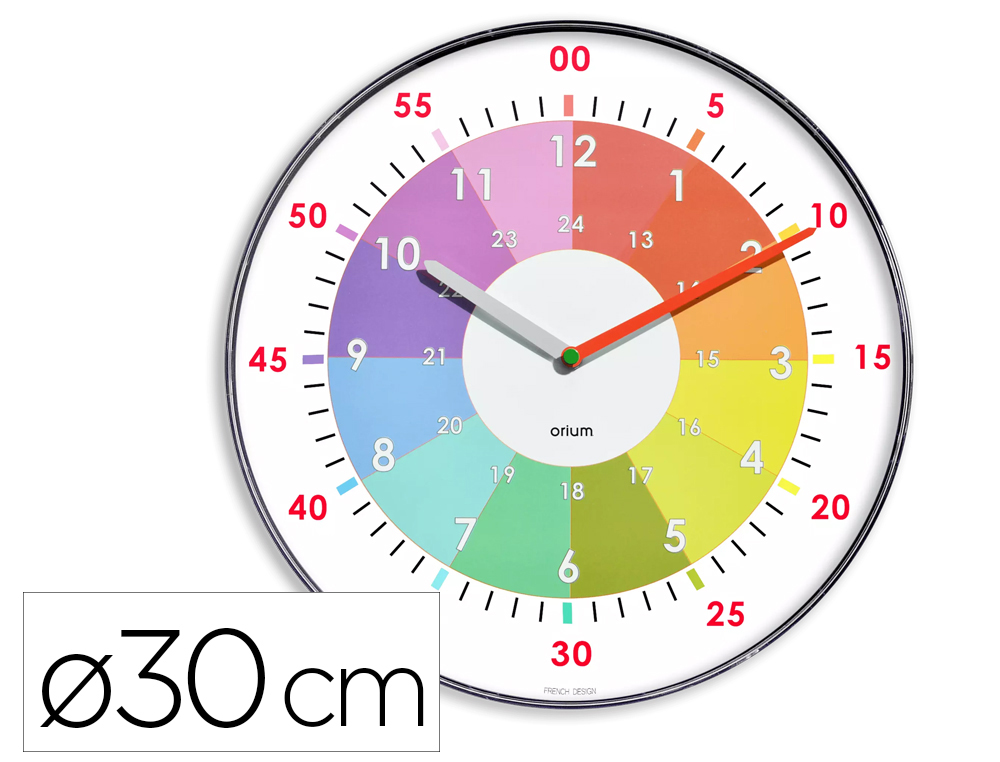 HORLOGE CEP SPECIALE APPRENTISSAGE PEDAGOGIQUE HEURE DIAMETRE 30CM MOUVEMENT SILENCIEUX   COLORIS VIF PILE LR6 FOURNIE
