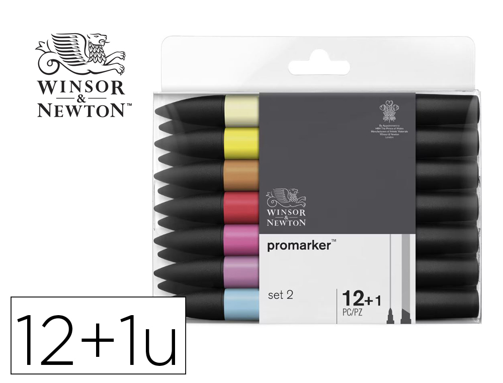 MARQUEUR W&N PROMARKER TOUS SUPPORTS ENCRE BASE ALCOOL    DOUBLE POINTE SET N2 BLISTER 12 COLORIS ASSORTIS + 1