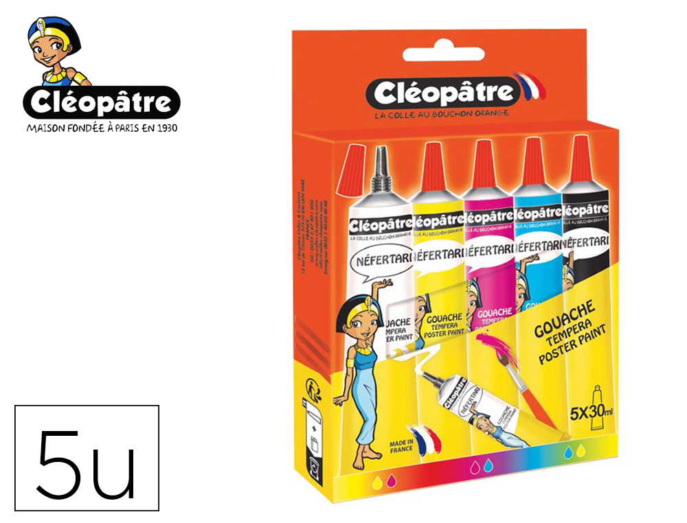 GOUACHE CLEOPATRE NEFERTARI TOUS SUPPORTS TUBE ALUMINIUM 30ML EMBOUT FIN ET PRECIS COLORISASSORTIS ETUI CARTON 5 UNITES