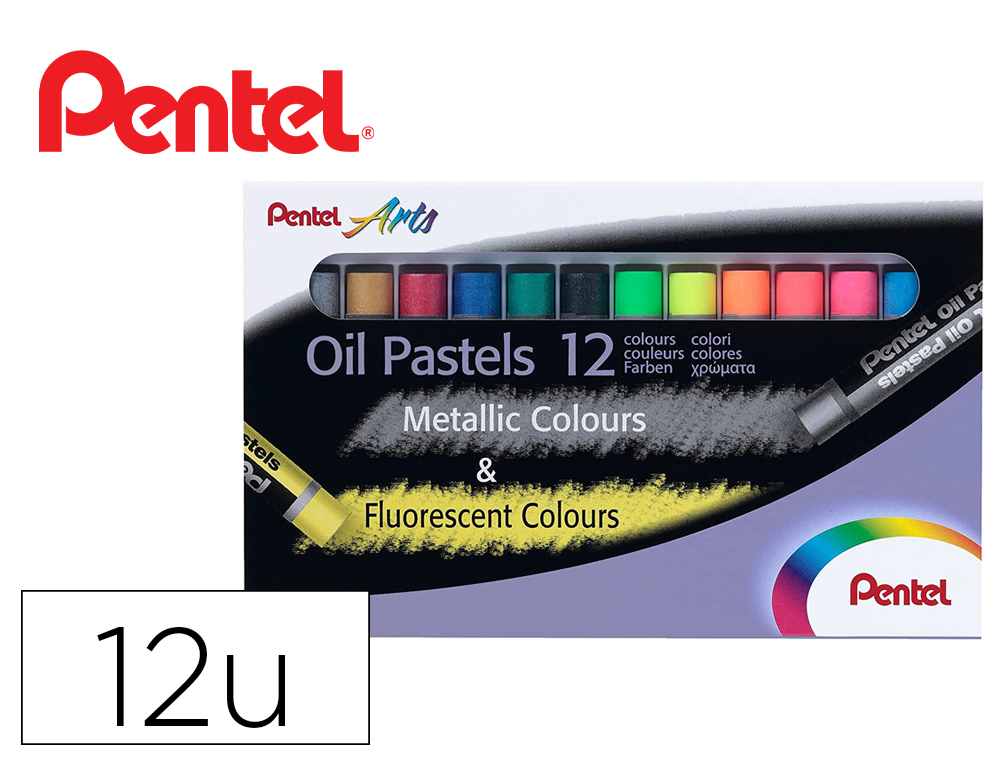 PASTEL HUILE PENTEL CORPS RONDENROBAGE PAPIER NON SALISSANT DIAMETRE 8MM COLORIS METALLISEET FLUO ASSORTIS BOITE 12 UNI