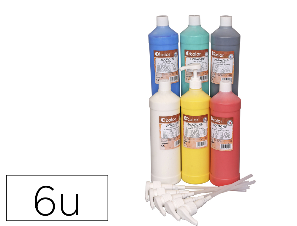 GOUACHE DOIGT O'COLOR 1L COULEURS PRIMAIRES ASSORTIES  COFFRET 6 UNITES + 6 POMPES   5ML