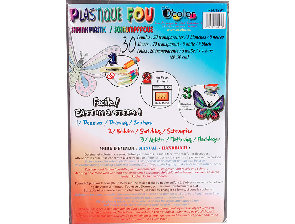 PLASTIQUE FOU O'COLOR 20X30CM COLORIS 20 TRANSPARENTS 5     BLANCS 5 NOIRS SCHOOLPACK 30  FEUILLES