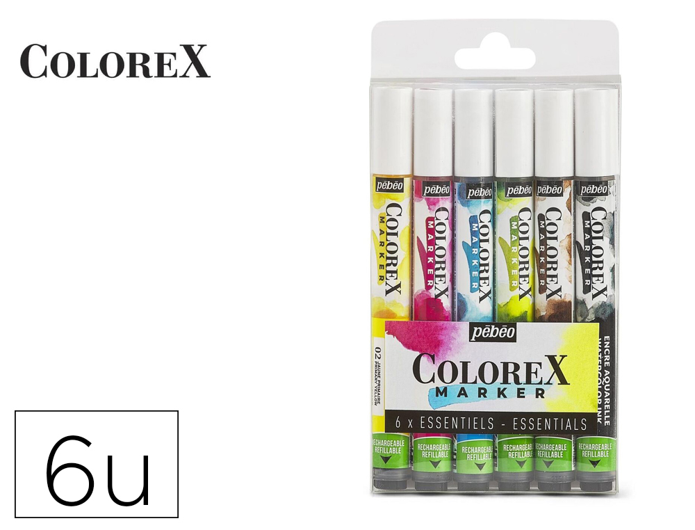 SET MARQUEUR PEBEO COLOREX RECHARGEABLE BASE ENCRE       AQUARELLE POINTE PINCEAU 1MM  COLORIS ASSORTIS BLISTER 6